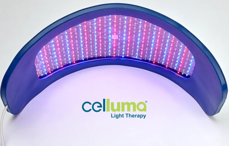 Celluma LED light therapy panel lit in red and blue