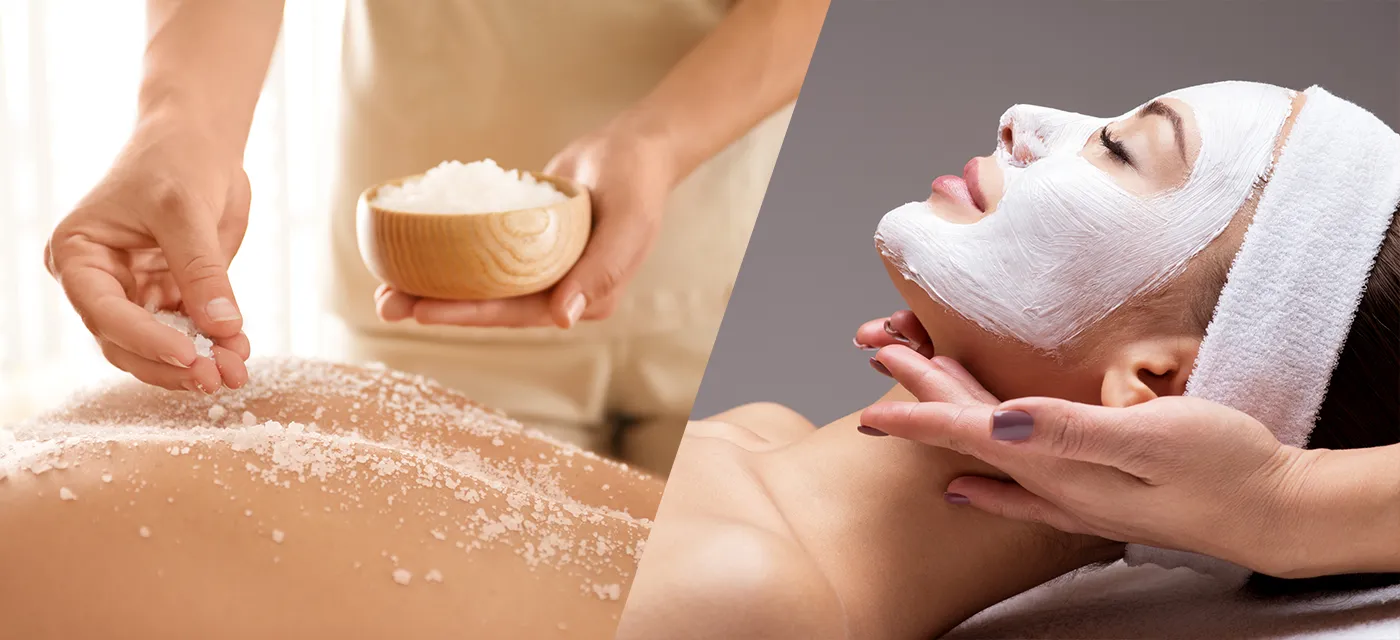 Salt scrub body treatment beside a hydrating facial mask