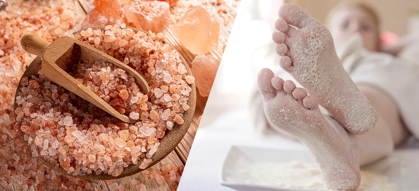 Himalayan salt scrub beside a salt-dusted detox foot treatment