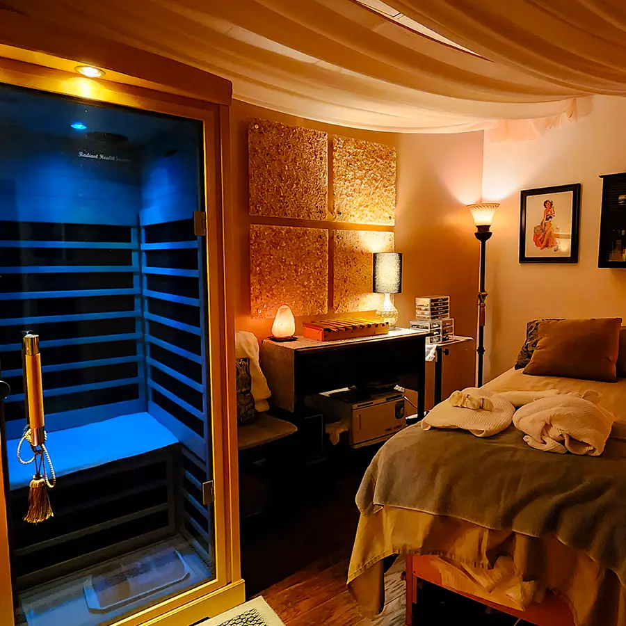Infrared sauna and Himalayan salt wall panel at Naturale Touch SpaTique